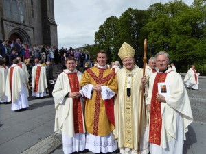 Fr Aidan McCann pictured after his ordination to Priesthood with the ordaining Bishop, Archbishop Eamon Martin and Irish College formation staff members Fr Hugh Clifford and Fr Tom Norris.